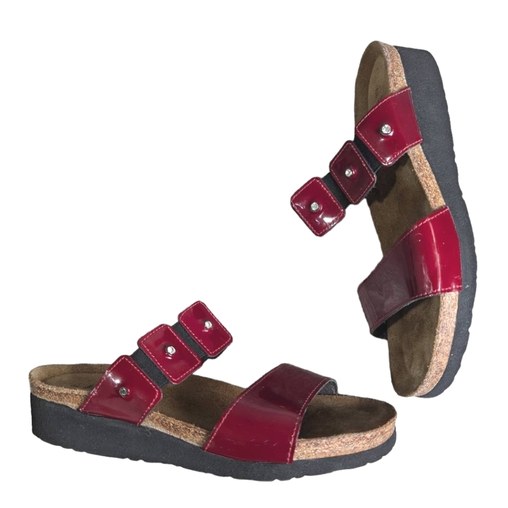 Naot Red patent leather rhinestone strappy slide footbed sandals 39 EU 8 US